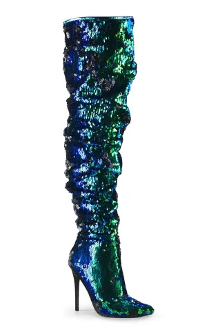 COURTLY-3011 Green Iridescent Sequin Thigh High Boots