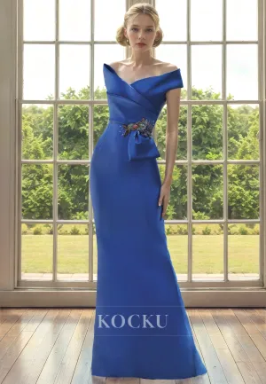 Couture & Ornate Off-Shoulder Belt Satin Cocktail Mother of the Bride Dress