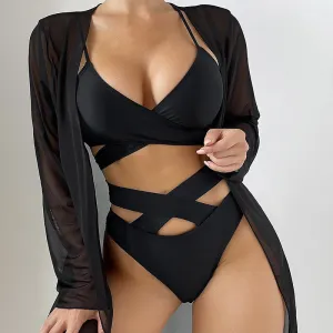 Cover-up Lace-up Bikini Swimsuit Three-piece Set