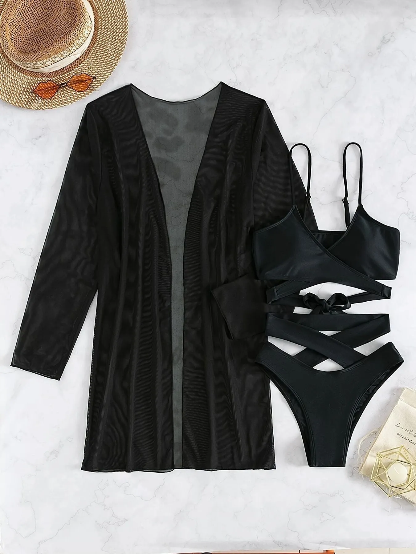 Cover-up Lace-up Bikini Swimsuit Three-piece Set