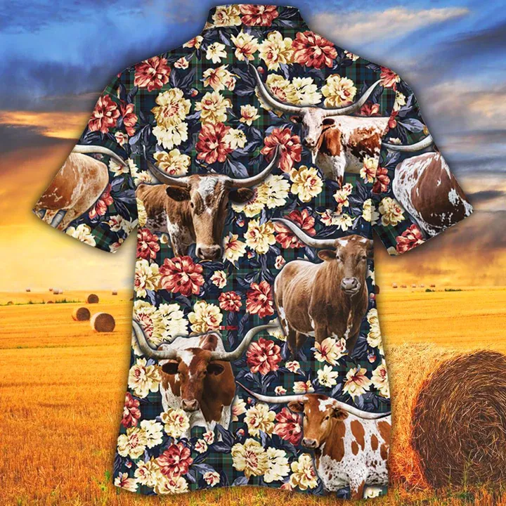 Cow Hawaiian shirt, Tx Longhorn Cattle Lovers Green Plaid Pattern Hawaiian Shirt, Summer Hawaiian shirt, Animal shirt