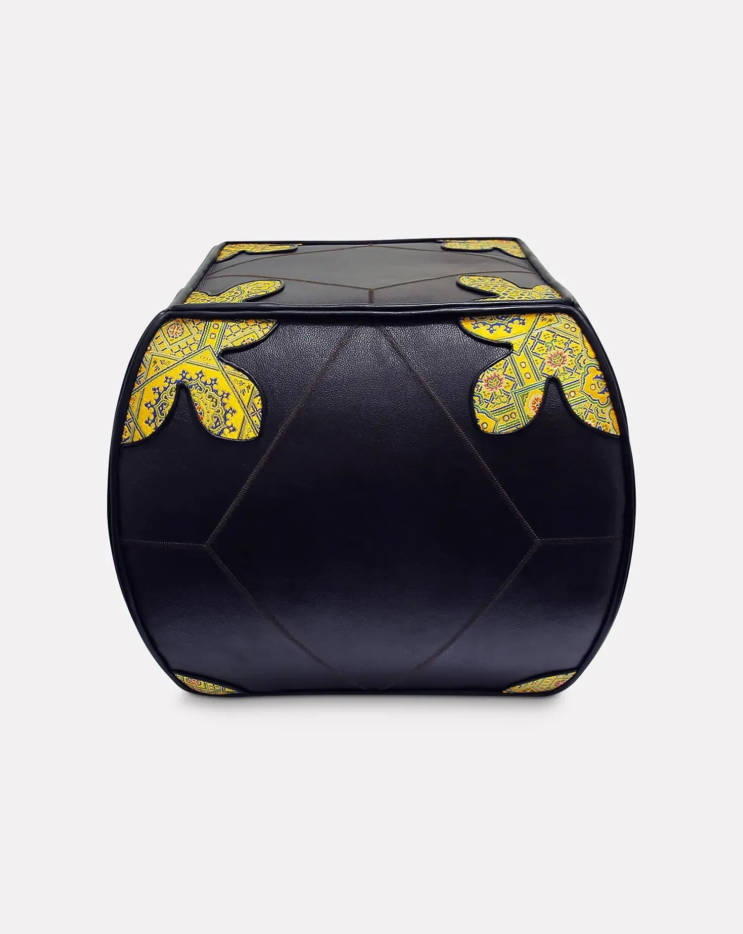 Cow Leather Yellow Chinese Silk Brocade Pouffe