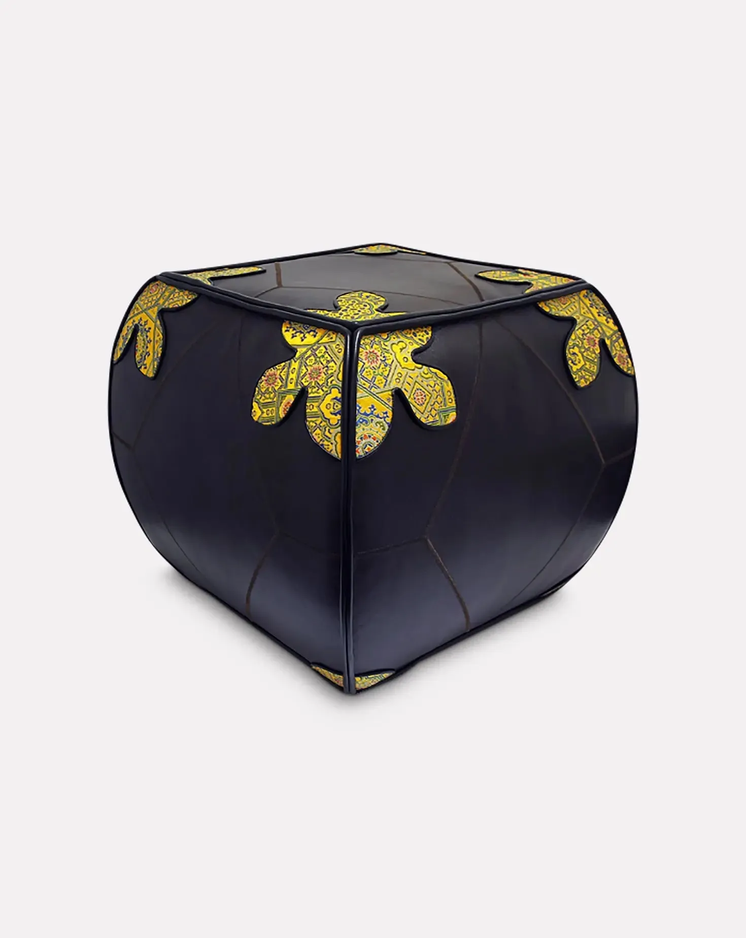 Cow Leather Yellow Chinese Silk Brocade Pouffe