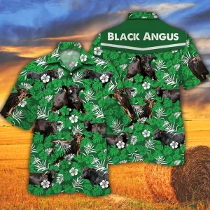 Cow Lover Hawaiian Shirts for Men women - Black Angus Cattle Lovers Green Floral Pattern Hawaiian Shirt