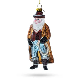 Cowboy Santa Skillfully Twirling A Lasso - Blown Glass Christmas Ornament