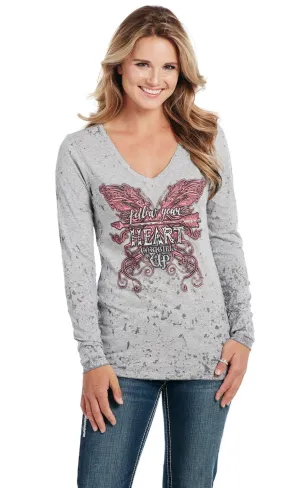 Cowgirl Up Womens Follow Your Heart Grey Cotton Blend L/S T-Shirt