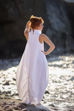 Cowl Neck Linen Dress in White