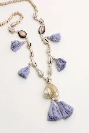 Cowrie Shell and Tassel Necklace With Wood Beads