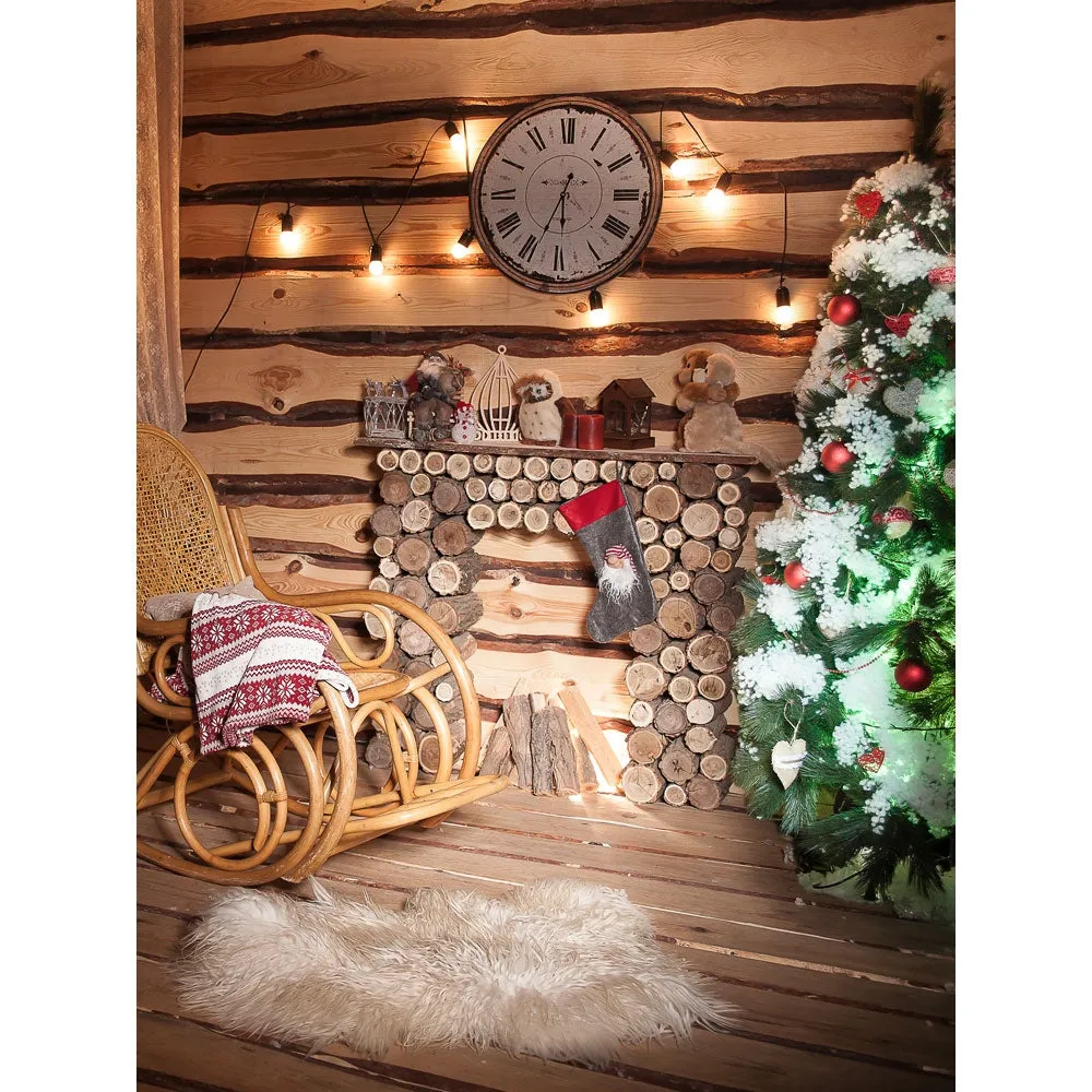 Cozy Christmas Log Cabin Printed Backdrop