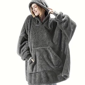 Cozy Double-Sided Fleece Hoodie Blanket - Thick, Wearable Couple's Loungewear with Pockets, Machine Washable, Black