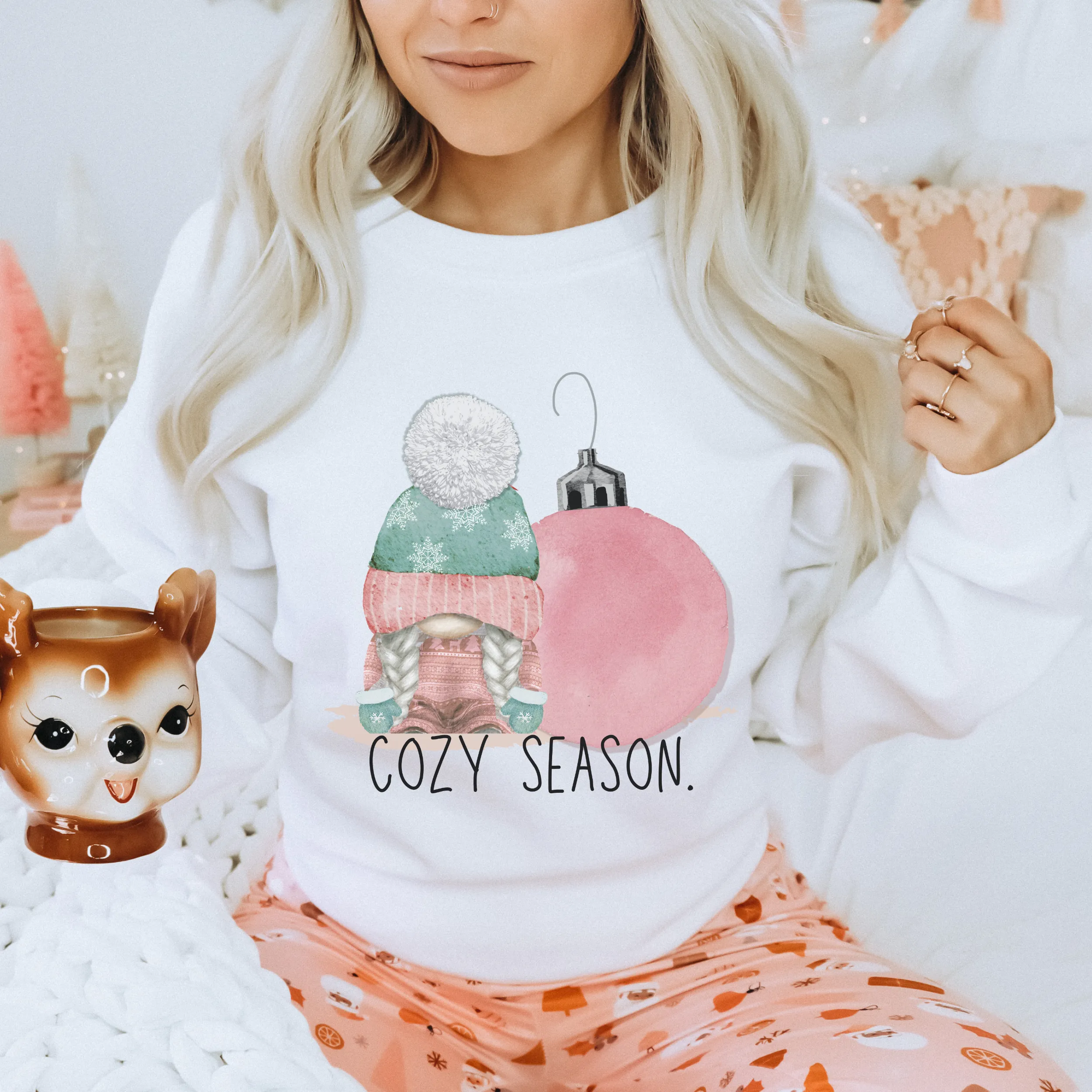 Cozy Season Pastel Pink and Mint Christmas or Winter Crewneck Sweatshirt, T-Shirt or Hoodie, Winter Pastel Pink Hand Drawn Watercolor Design