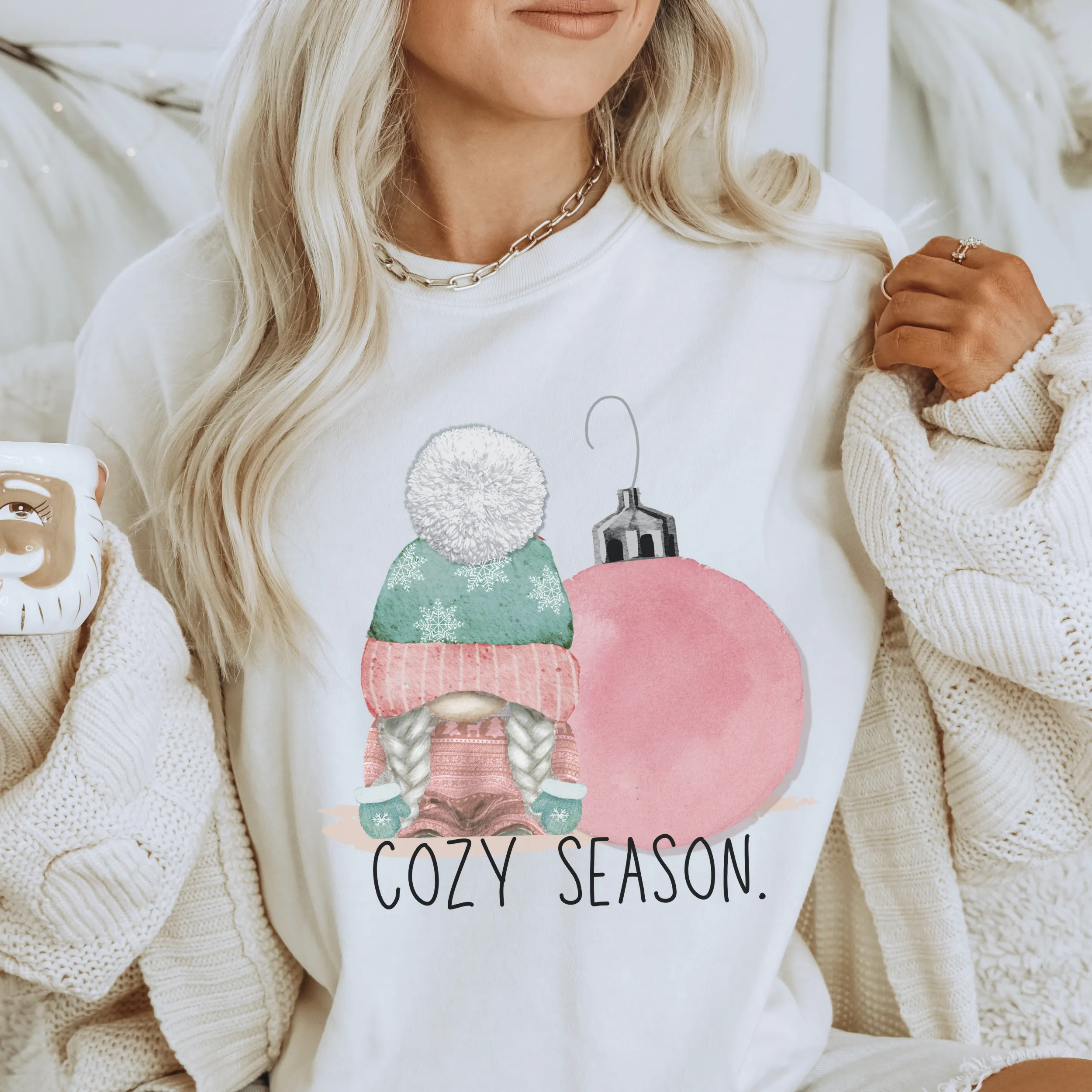 Cozy Season Pastel Pink and Mint Christmas or Winter Crewneck Sweatshirt, T-Shirt or Hoodie, Winter Pastel Pink Hand Drawn Watercolor Design