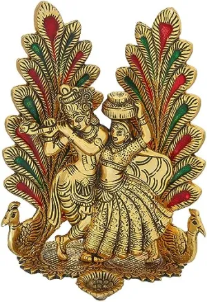 Craft Corner India Peacock Design Radha Krishna Idol Showpiece with Diya for Puja and Home Decor (8 x 6 Inches), Metal, Gold (1 Piece)   1 Image