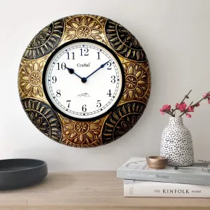 Craftel Brass Embossed Analog Wall Clock Round Classic Clock for Living Room Home and Office (12 x 12 inches, Gold)