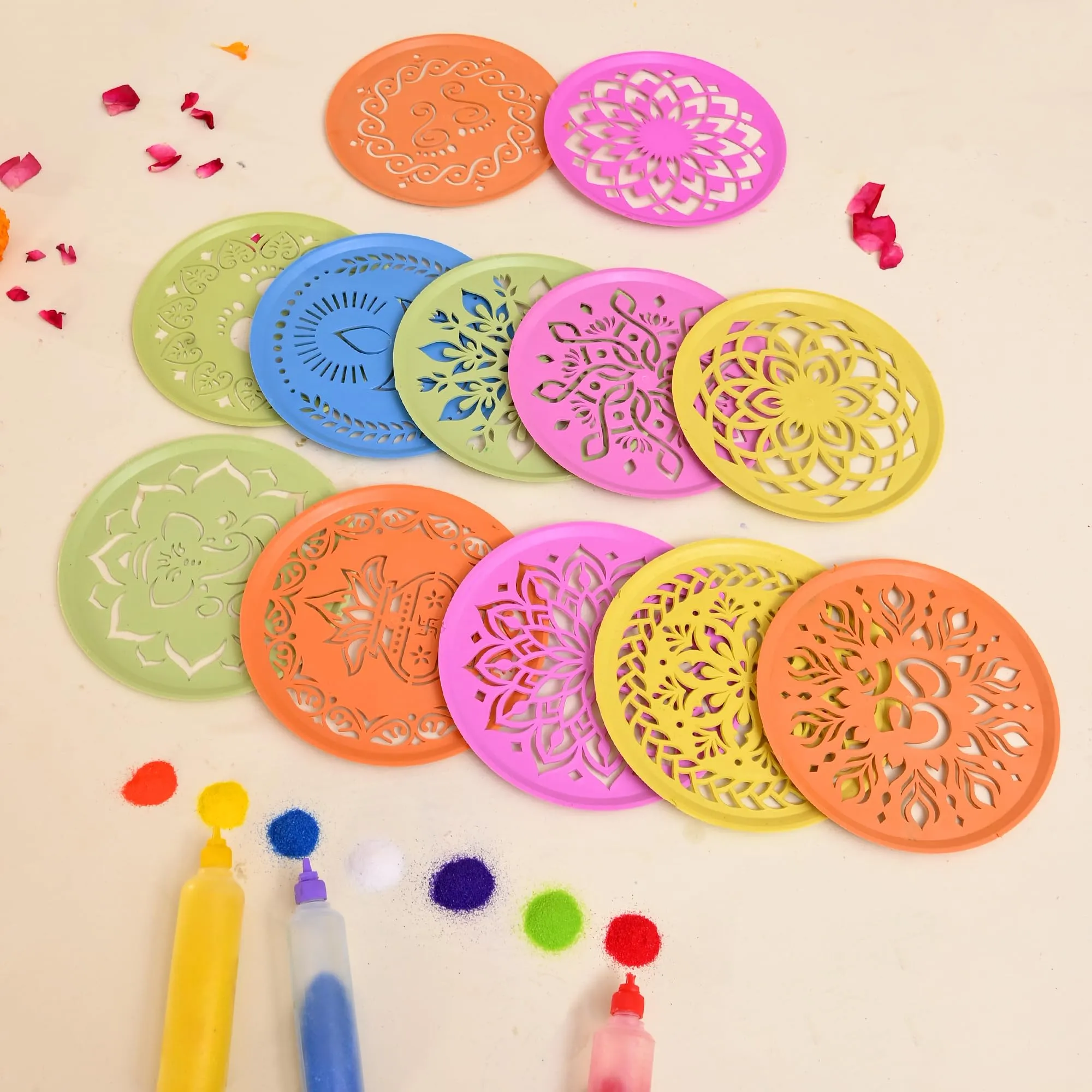 CraftVatika Rangoli Stencil Set of 12, Diwali Decoration Items, Rangoli Making Stencils for Floor Decorations, Reusebale Rangoli Stencils (15.5 CM Round)