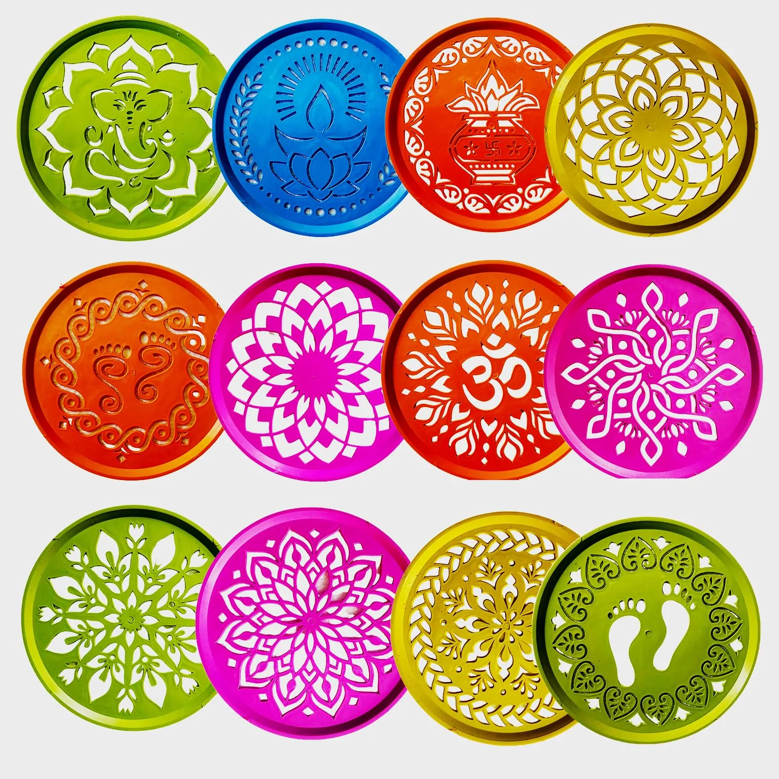 CraftVatika Rangoli Stencil Set of 12, Diwali Decoration Items, Rangoli Making Stencils for Floor Decorations, Reusebale Rangoli Stencils (15.5 CM Round)