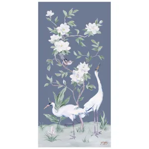 Cranes and Gardenias, a dark blue chinoiserie fine art print