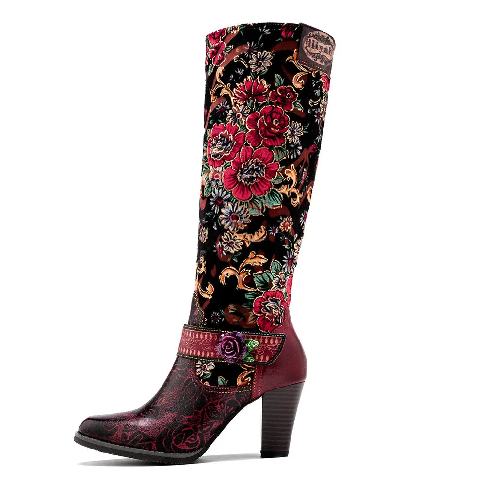 CrazycatZ Womens Leather Bohemian Knee High Boots Patterned Long Boots Vintage Boots Red