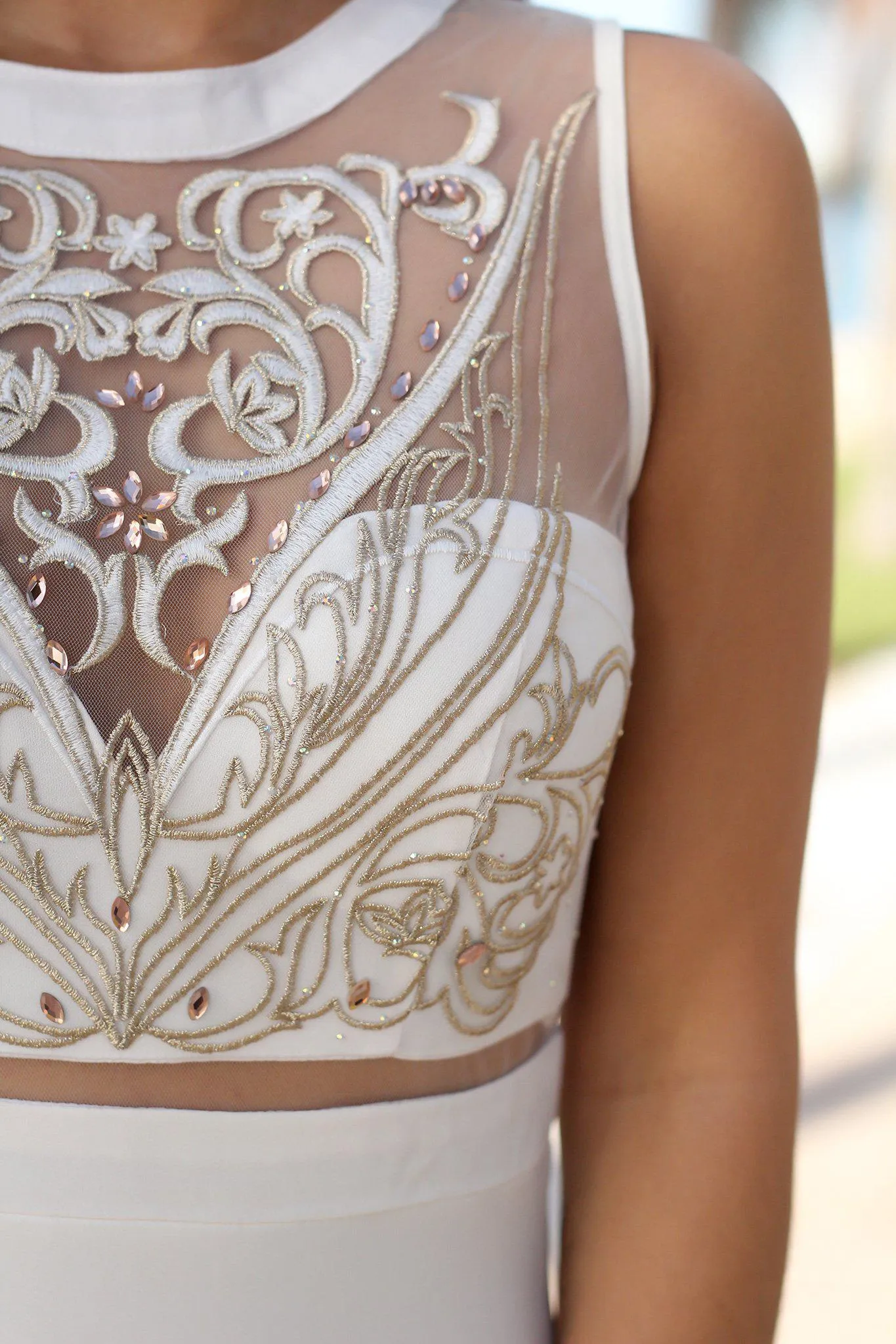 Cream and Gold Embroidered Maxi Dress with Tulle Back