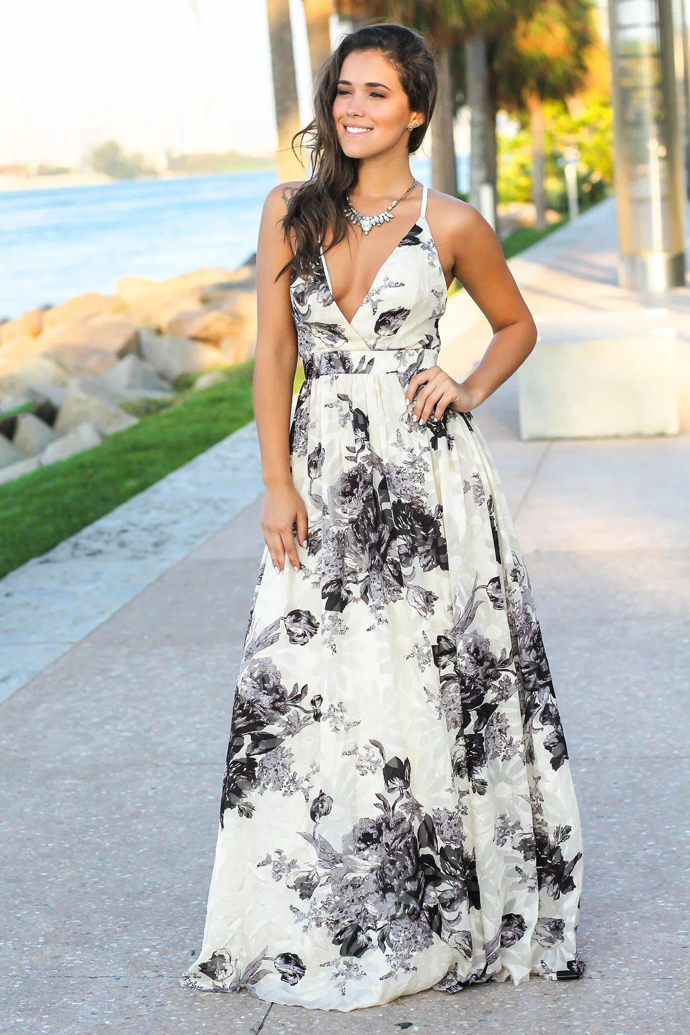 Cream and Gray Floral Chiffon Maxi Dress