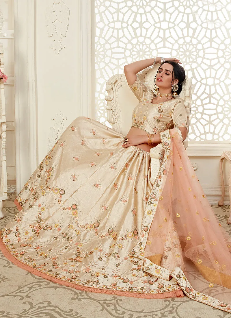 Cream And Pink Floral Embroidered Designer Lehenga Choli