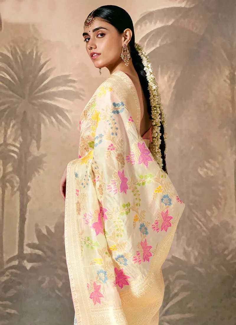 Cream And Pink Floral Munga Silk Saree