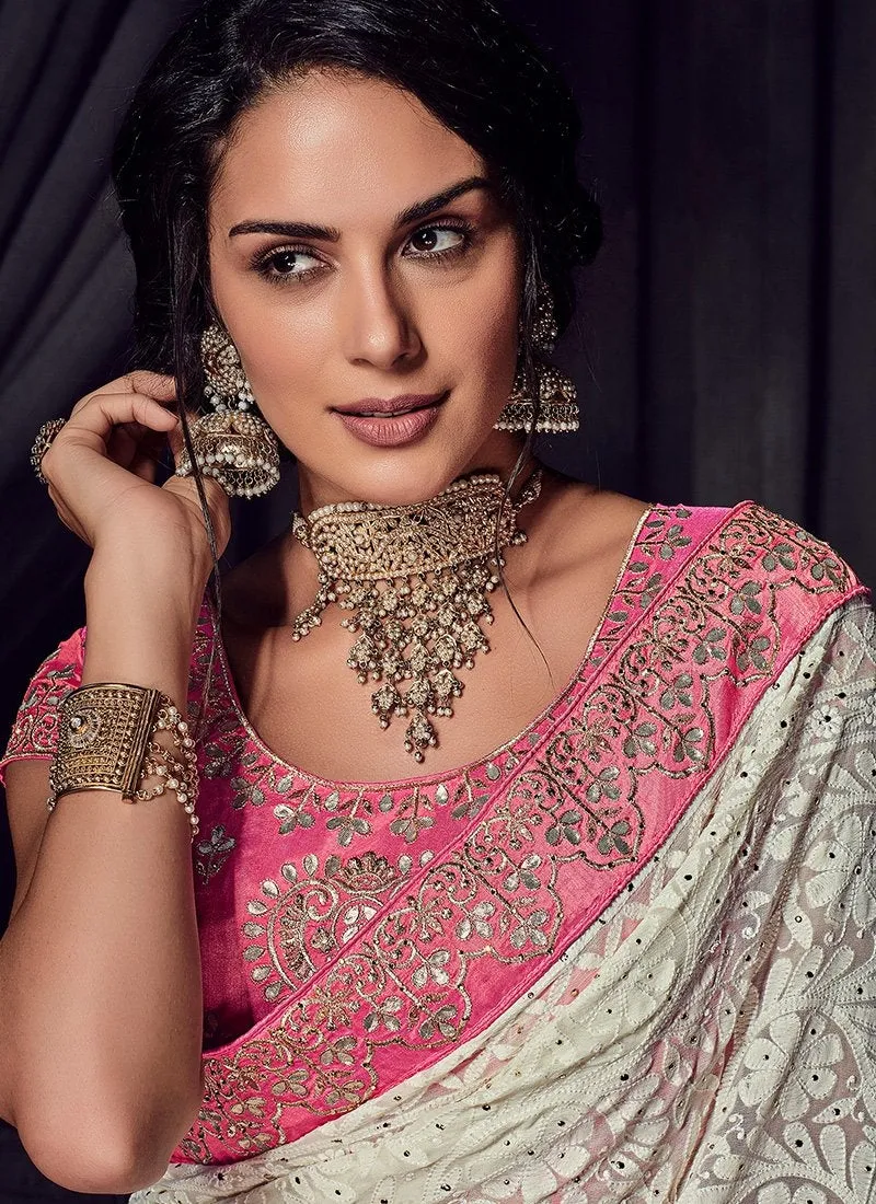 Cream And Pink Gotta Patti Embroidered Designer Saree