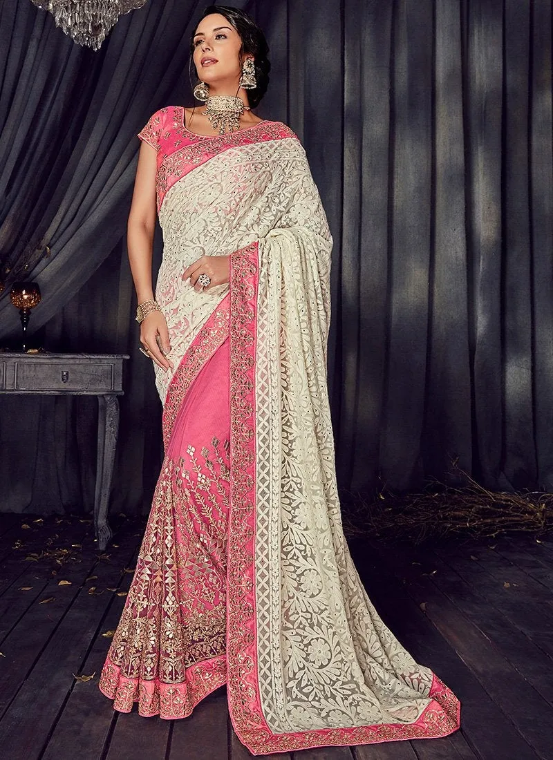 Cream And Pink Gotta Patti Embroidered Designer Saree