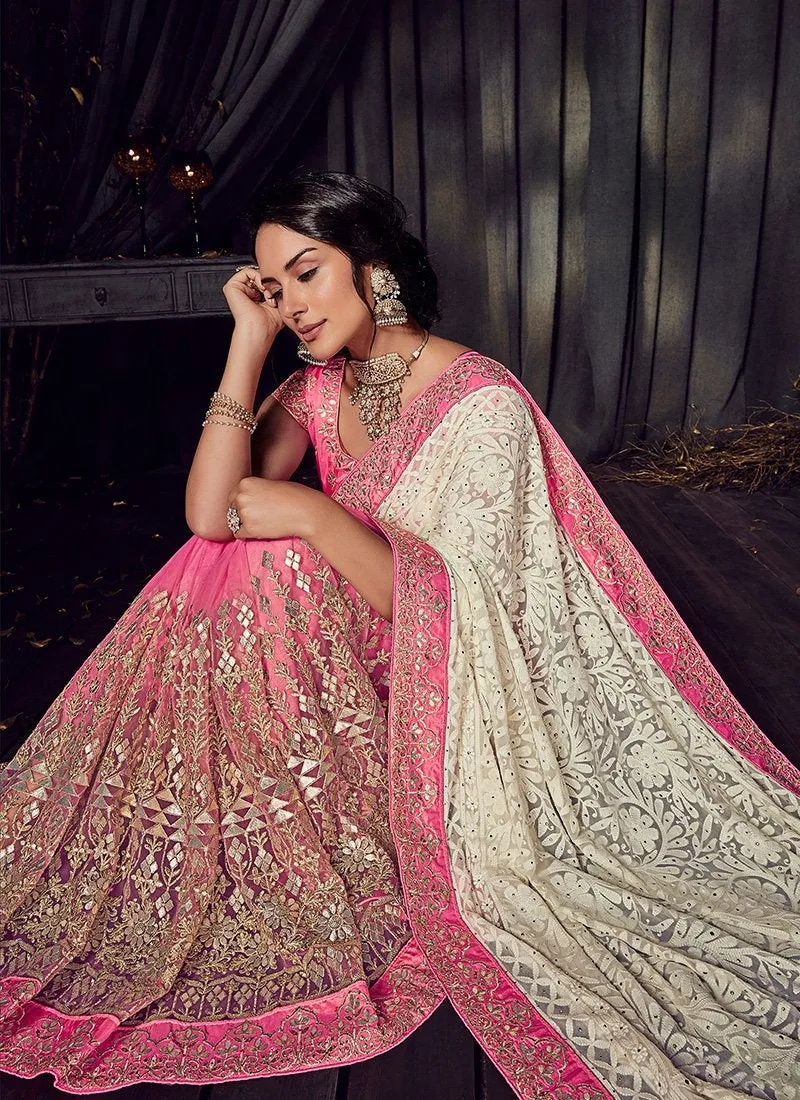 Cream And Pink Gotta Patti Embroidered Designer Saree