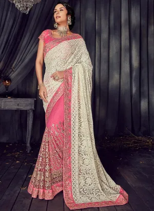 Cream And Pink Gotta Patti Embroidered Designer Saree