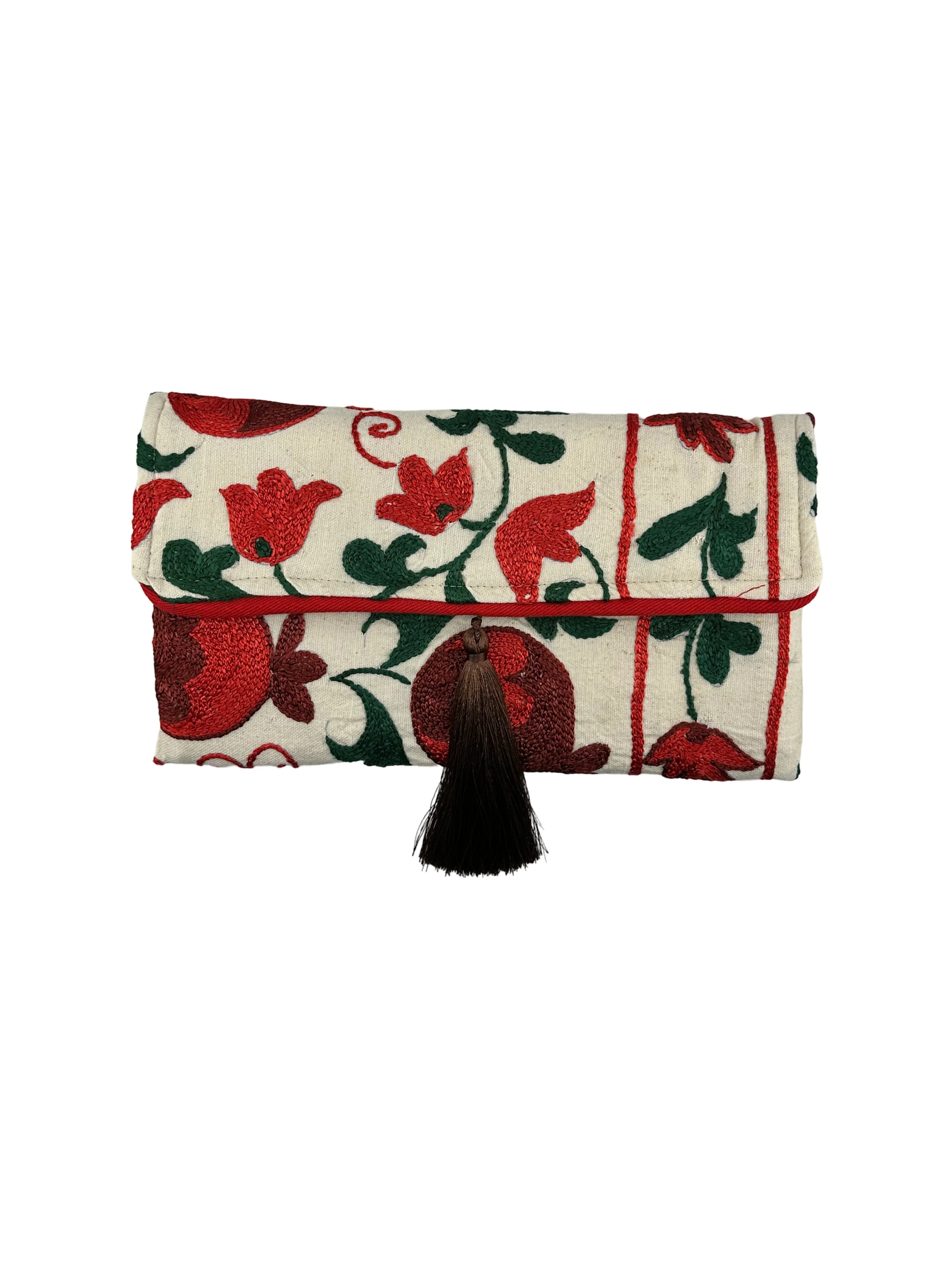 Cream and Red Floral Embroidered Clutch