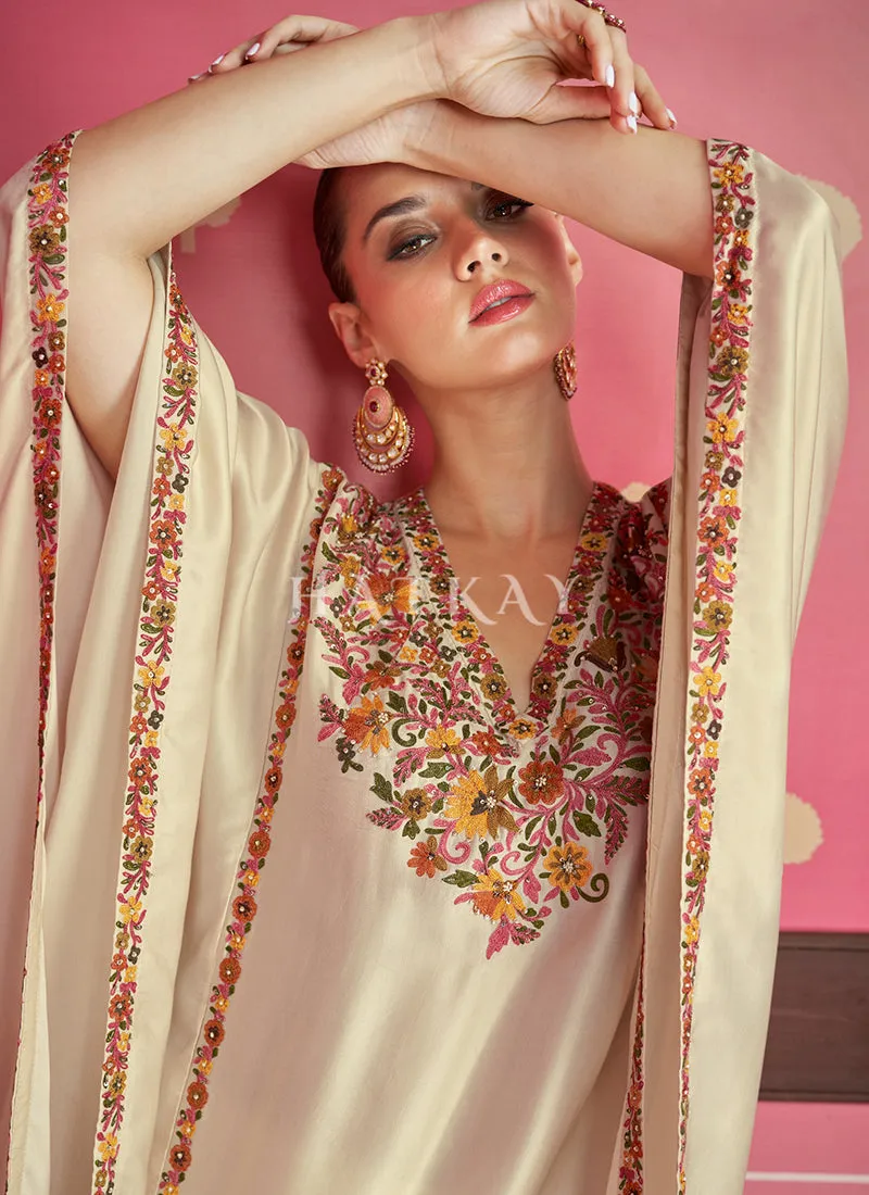 Cream Beige Multi Embroidery Poncho Style Pant Suit