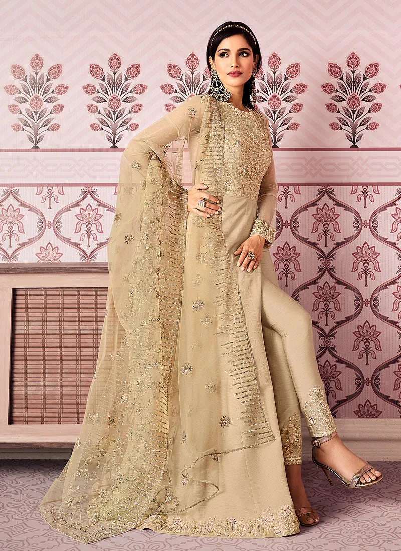 Cream Beige Zari Embroidered Slit Style Anarkali Pant Suit