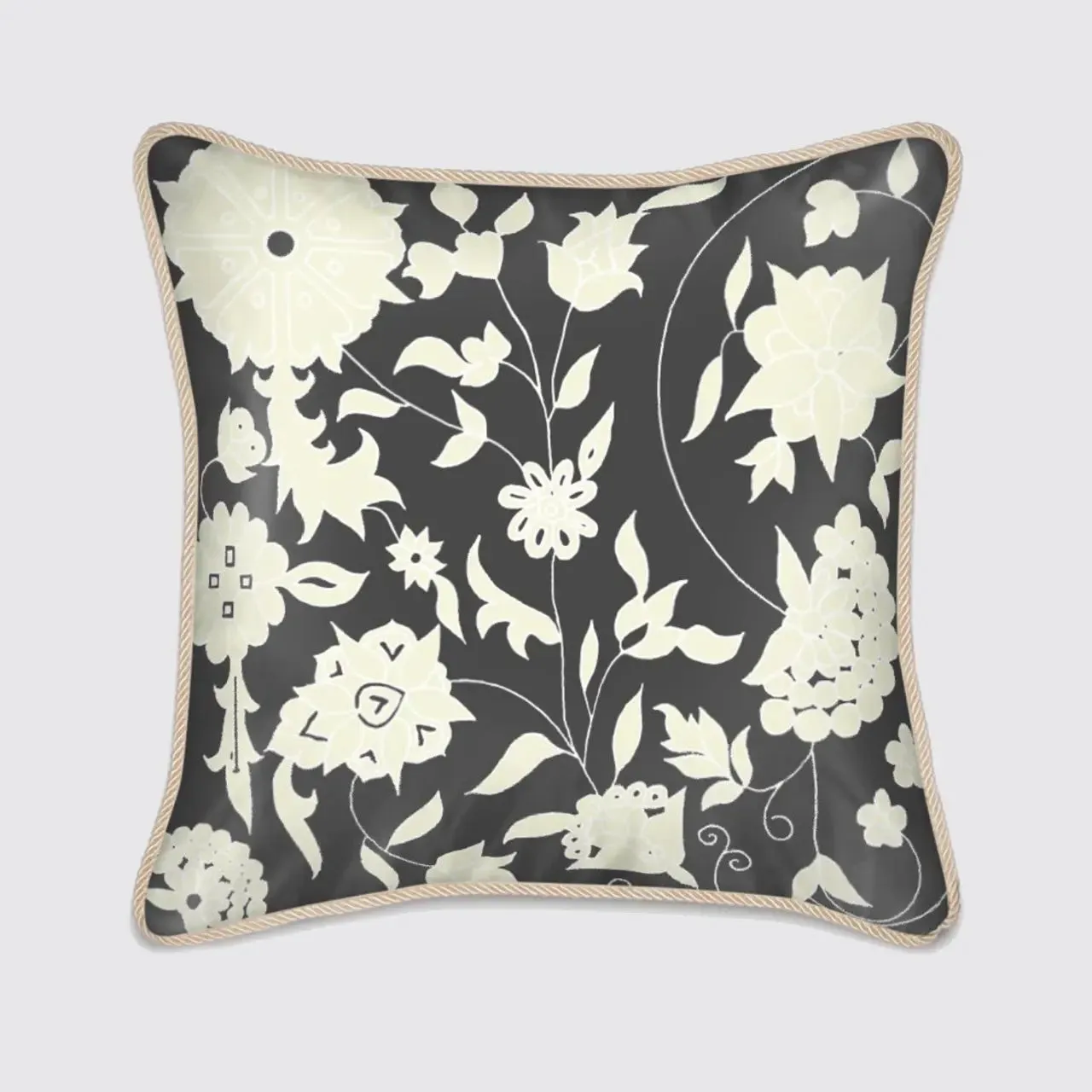 Cream Carpet Flowers on Charcoal Silk Cushion