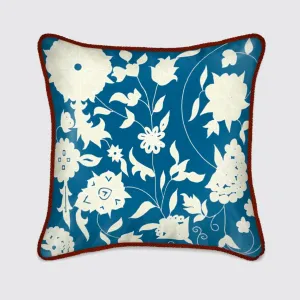 Cream Carpet Flowers on Teal Silk Cushion