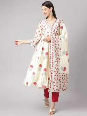 Cream Chanderi Floral Anarkali Kurta Pant Set With Dupatta