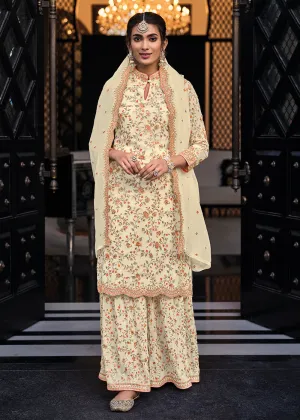 Cream Chinon & Georgette Designer Palazzo Salwar Suit