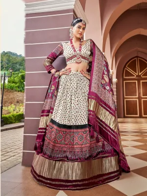 Cream Color Digital Printed Pure Gaji Silk Lehenga Choli