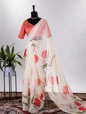 Cream Color Floral & Foil Printed Organza Saree