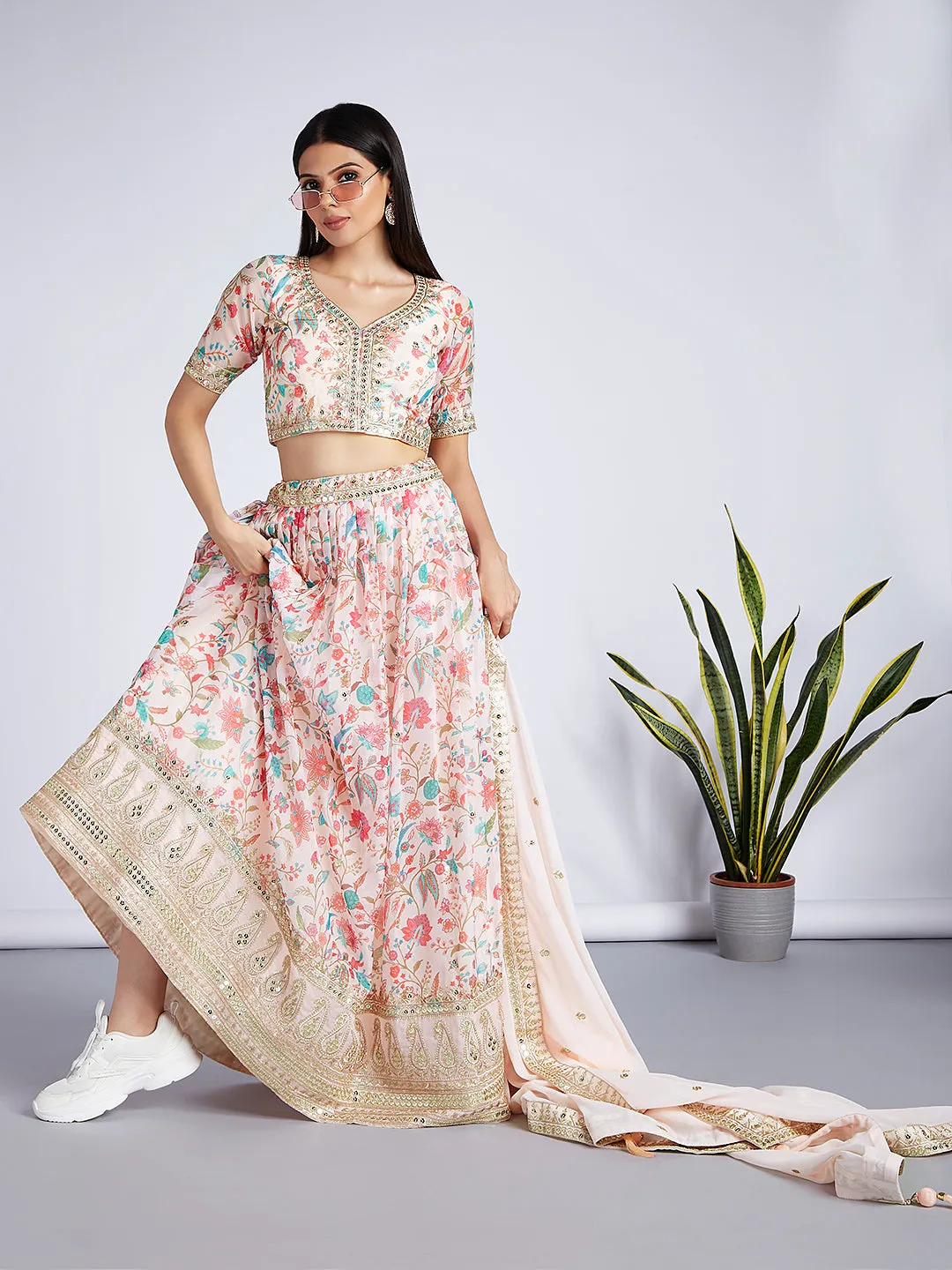 Cream colour Organza Floral design digital print Semi-Stitched Lehenga choli & Dupatta