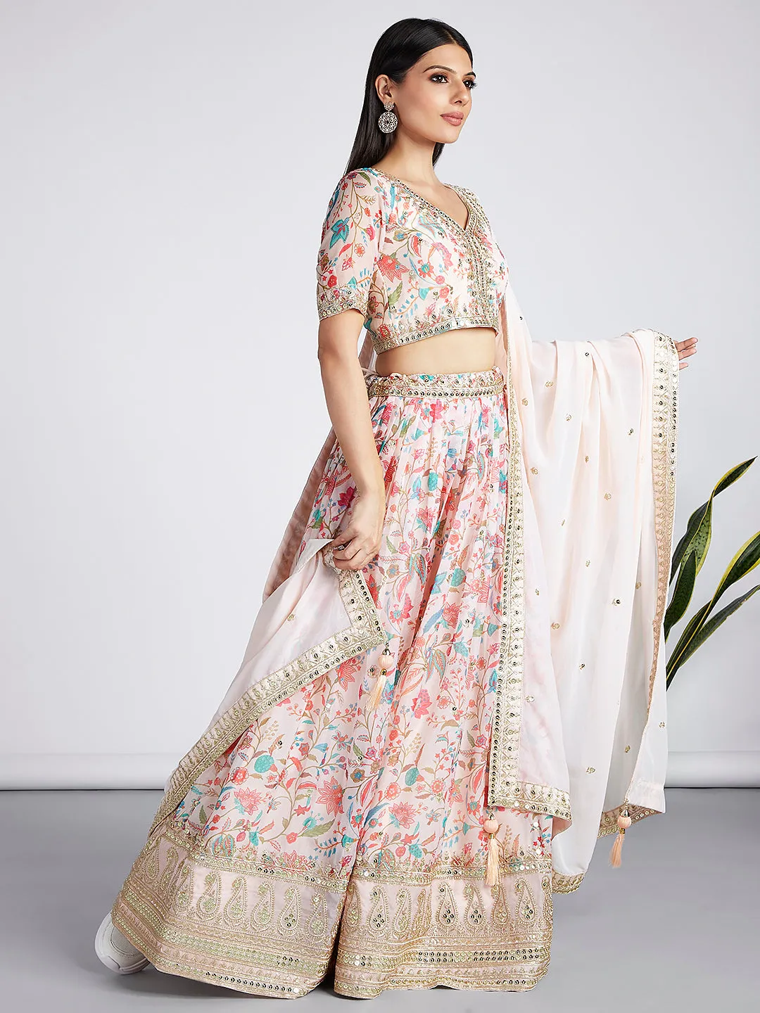 Cream colour Organza Floral design digital print Semi-Stitched Lehenga choli & Dupatta