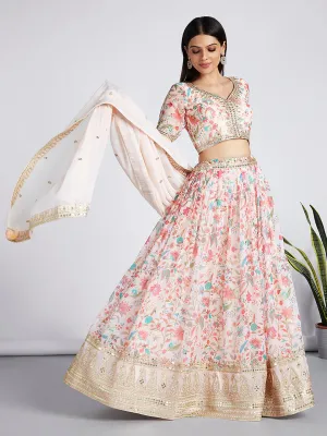 Cream colour Organza Floral design digital print Semi-Stitched Lehenga choli & Dupatta