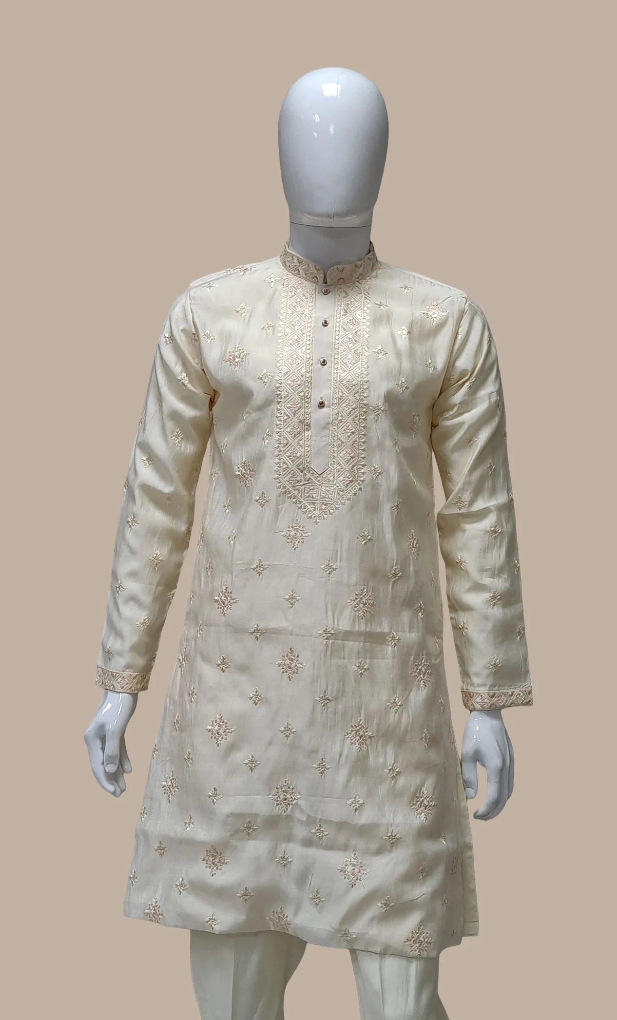 Cream Embroidered Kurta Set With Shawl