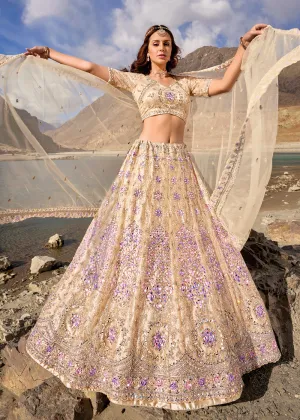 Cream Embroidered Pure Net Designer Bridal Lehenga Choli