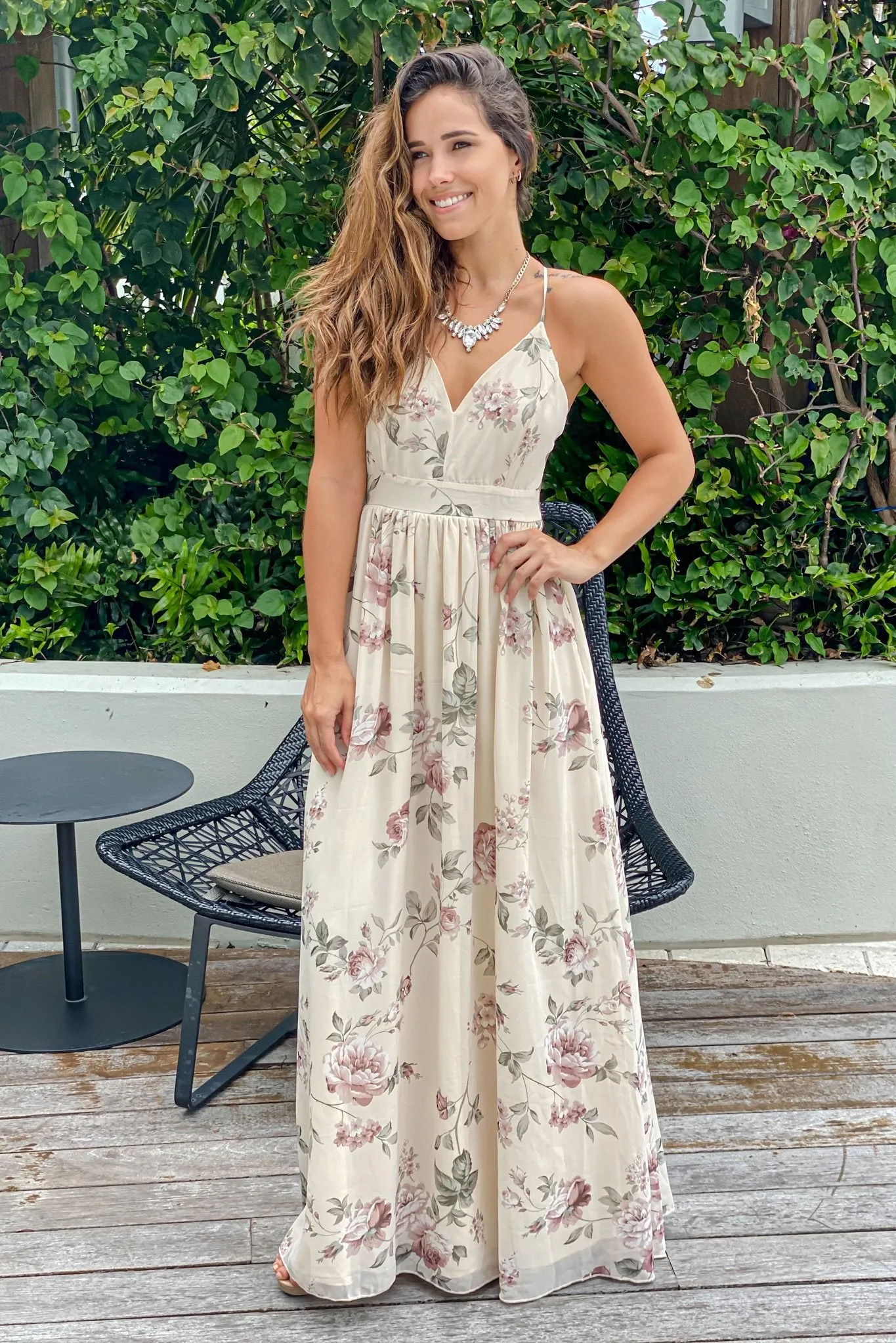 Cream Floral Maxi Dress With Lace Back