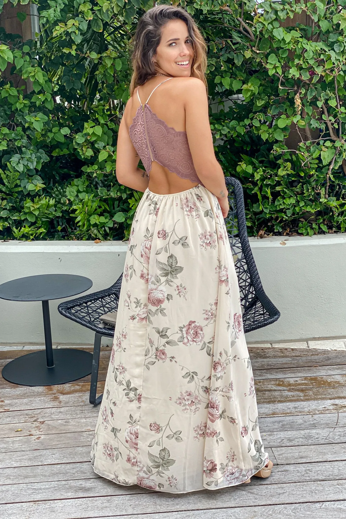 Cream Floral Maxi Dress With Lace Back