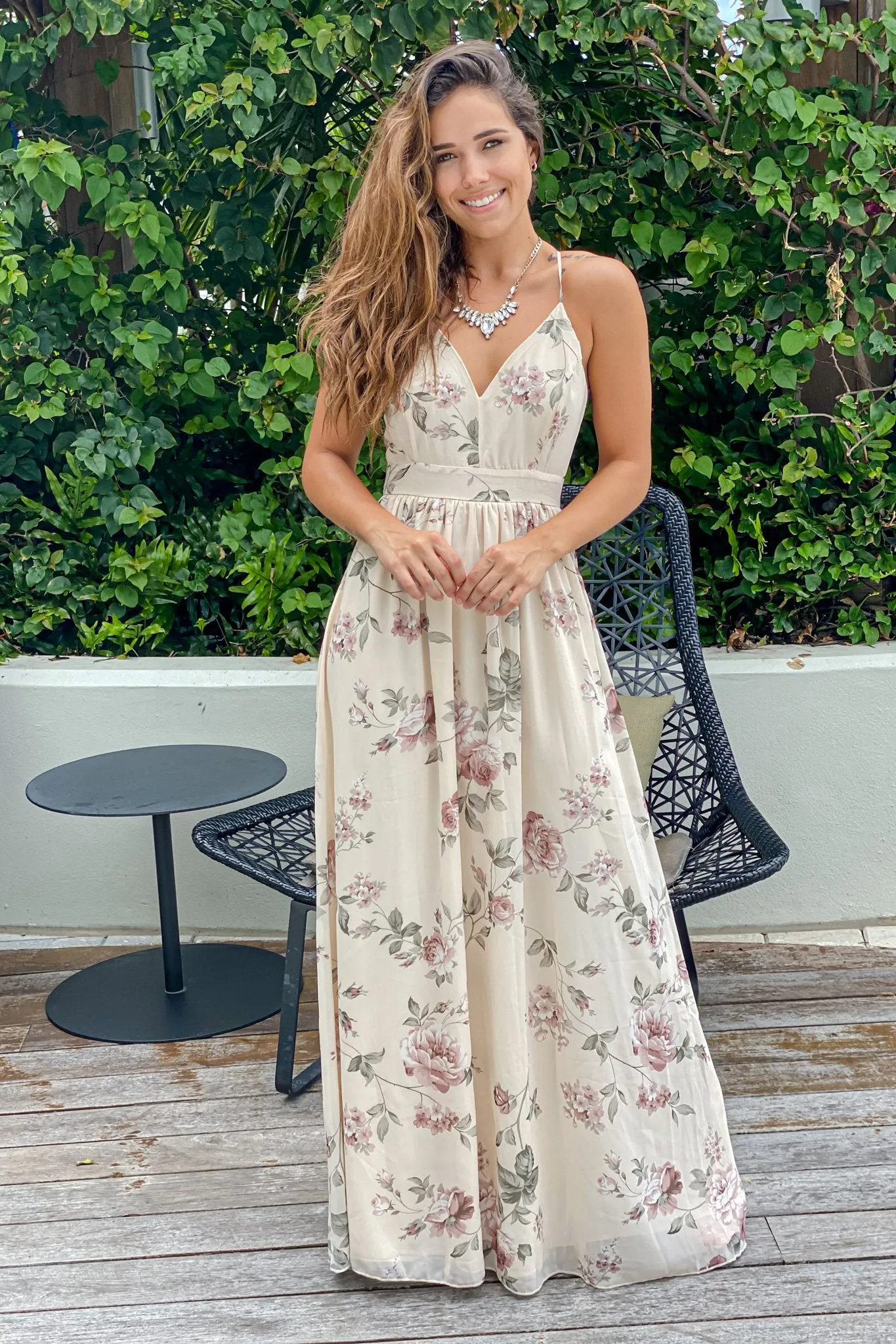 Cream Floral Maxi Dress With Lace Back