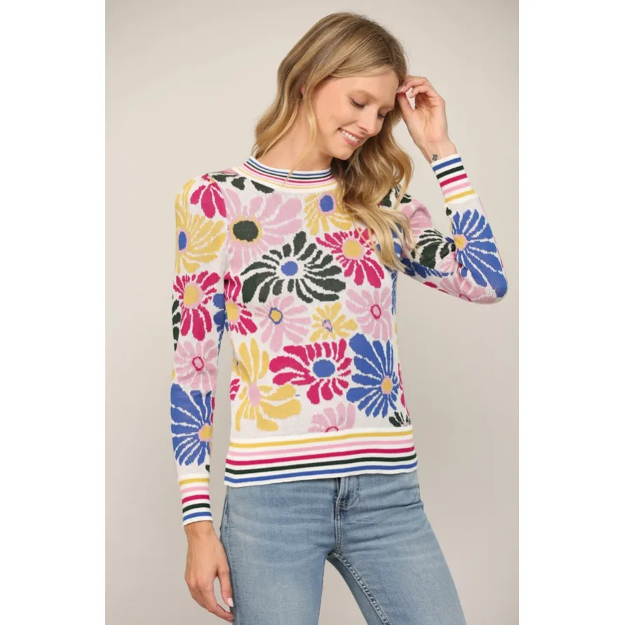 Cream Floral Printed Striped Long Sleeve Sweater