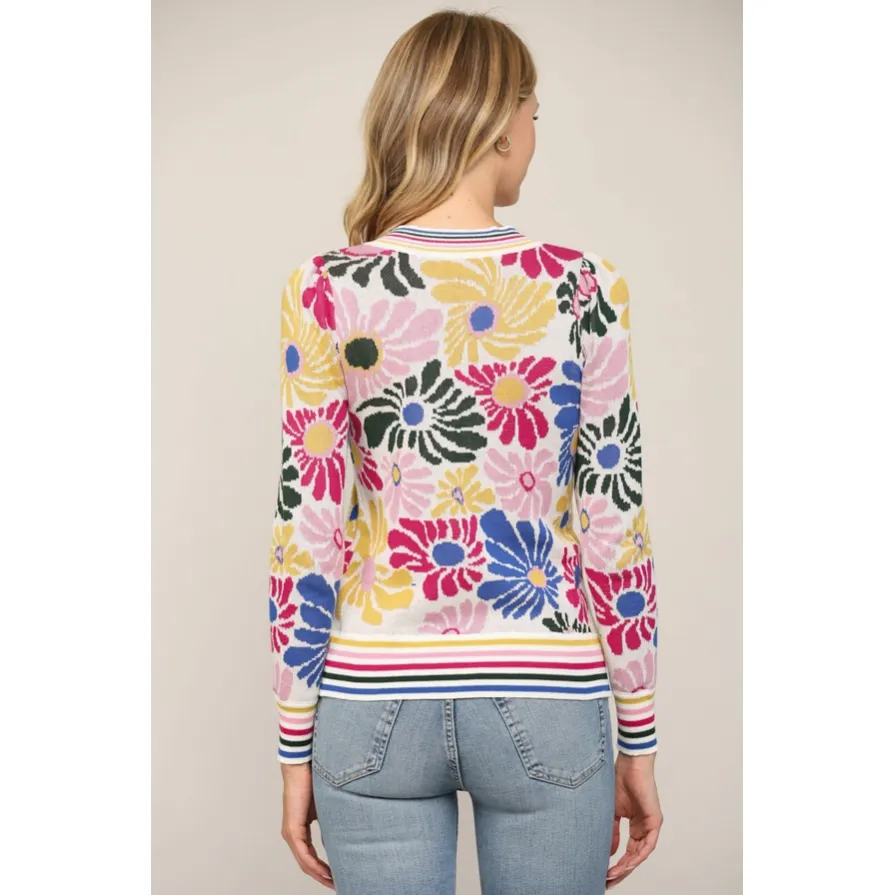 Cream Floral Printed Striped Long Sleeve Sweater