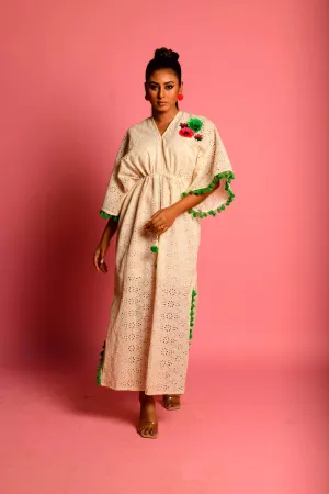 Cream Kaftan Maxi Dress with Smoked Waist & Tassels